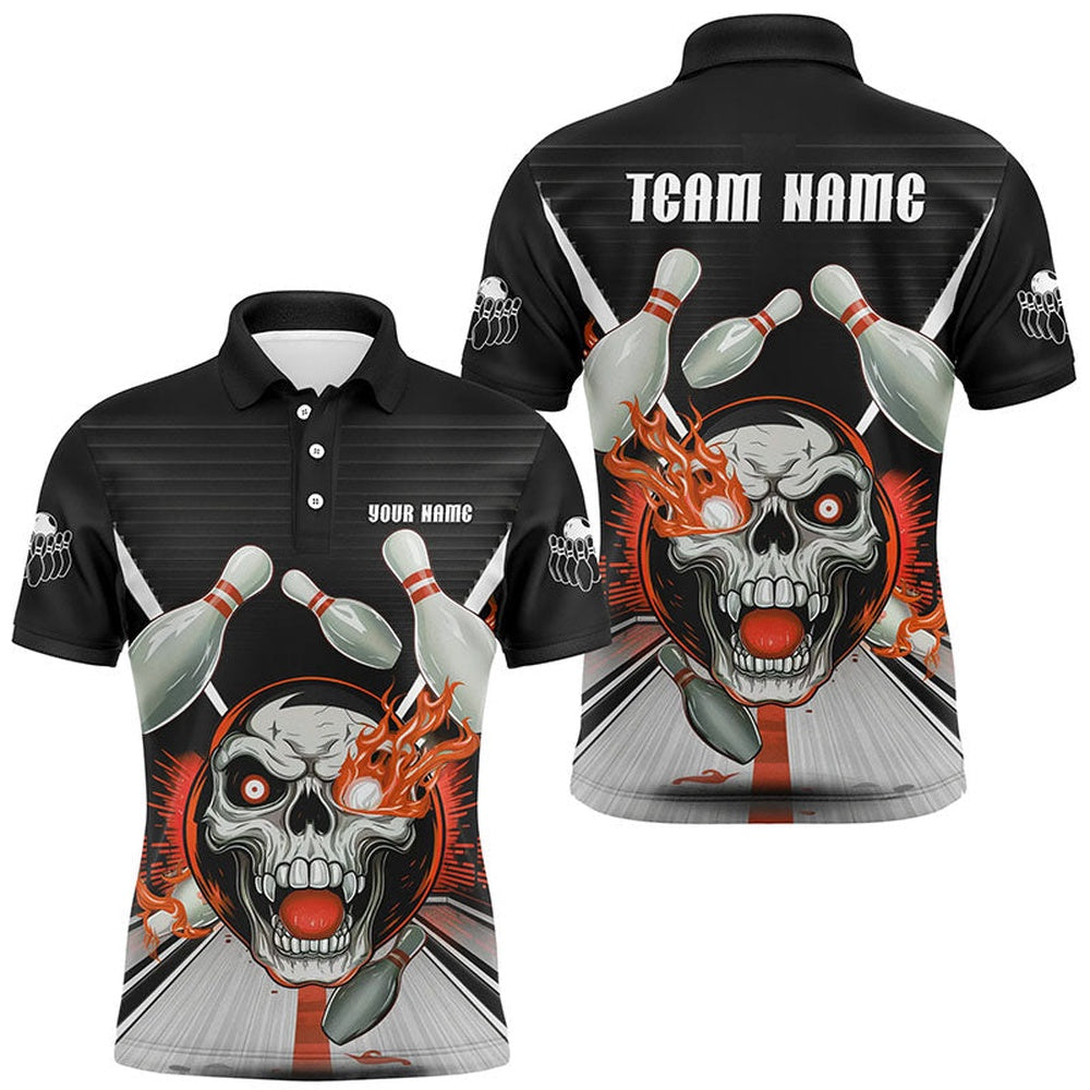 Custom Bowling Polo Shirts, Customizable Red Orange Flame Bowling Shirts, Skull Bowling Polo Shirt For Men