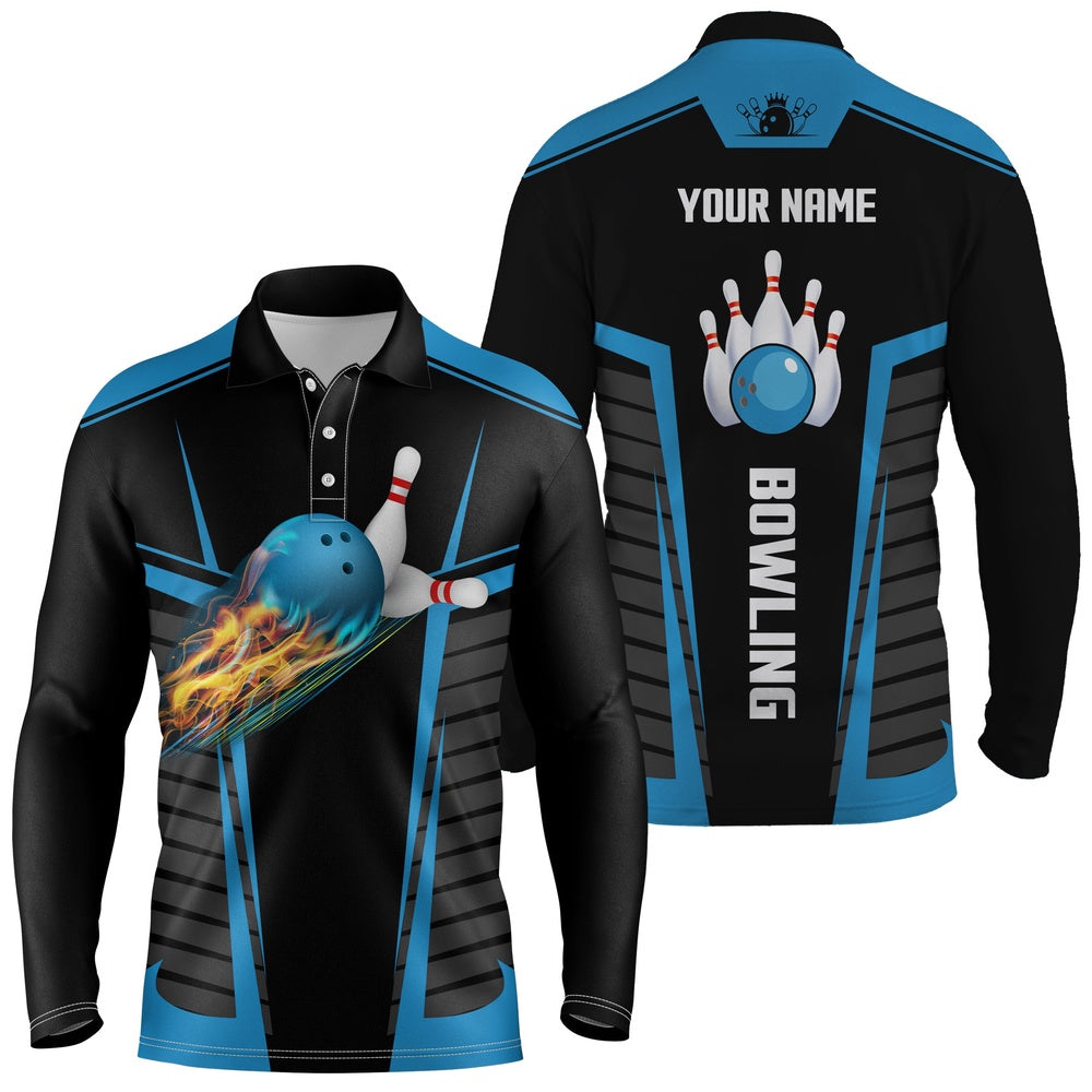 Custom Bowling Polo Shirts, Customize Bowling Shirts For Men With Flame Bowling Balls And Pins Black Blue Bowling Jerseys