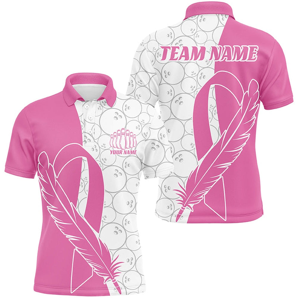 Custom Bowling Polo Shirts, Feather Pink Ribbon Breast Cancer Custom Bowling Shirts For Men And Women, Pink Bowling Jerseys