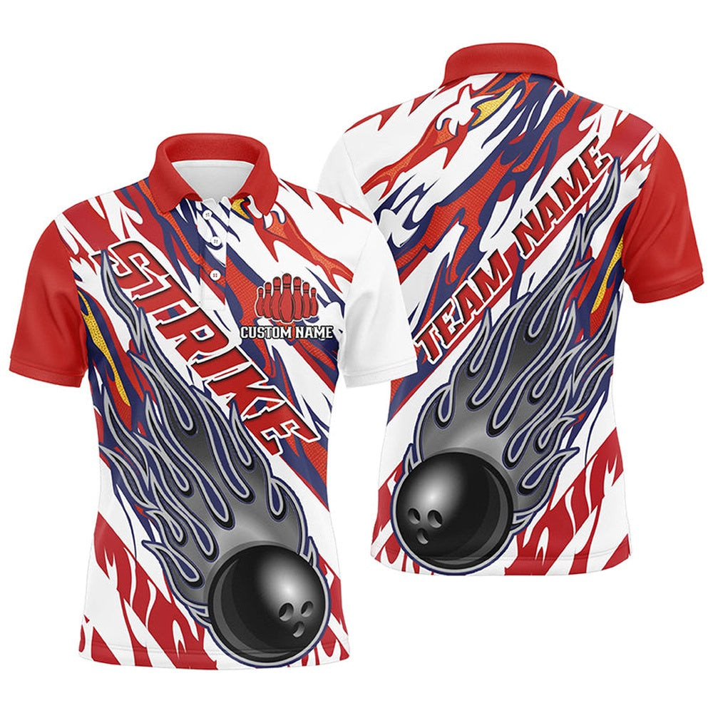 Custom Bowling Polo Shirts, Flame American Flag Custom Unisex Bowling Team Shirts, Patriotic Strike Bowling Outfits