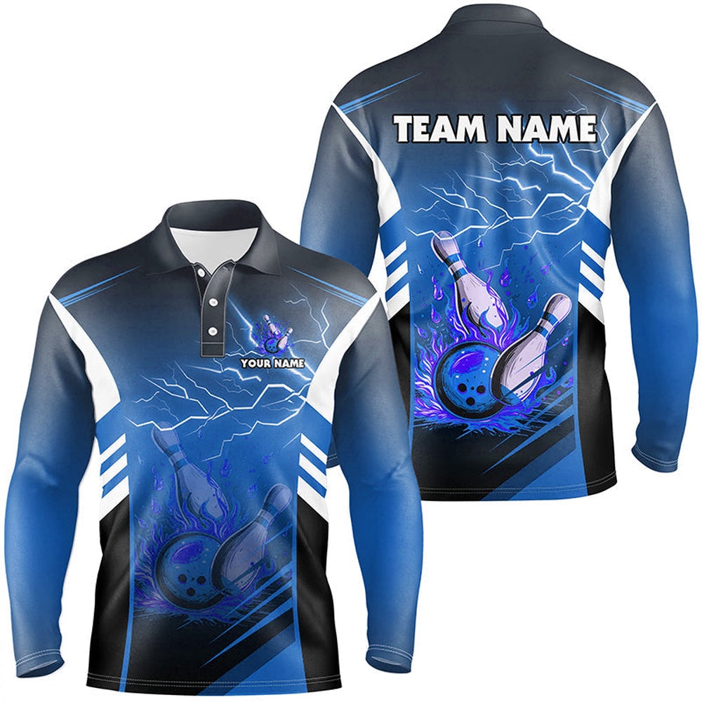 Custom Bowling Polo Shirts, Flame Bowling Ball And Pins Lightning Custom Men Bowling Polo Shirts, Team Bowling Jerseys Blue