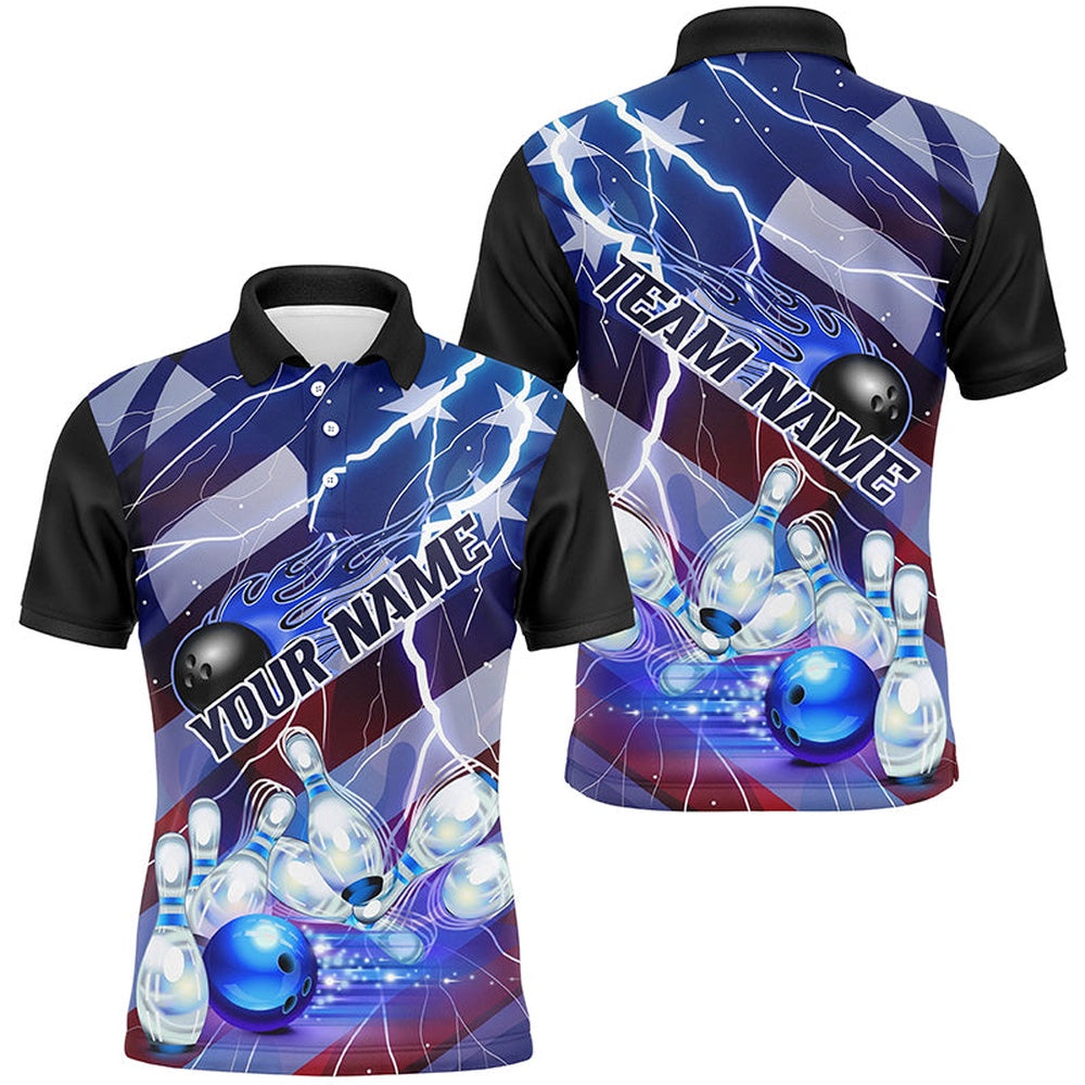 Custom Bowling Polo Shirts, Flame Bowling Ball Blue Lightning American Flag Custom Name Bowling Team Shirts For Men And Women