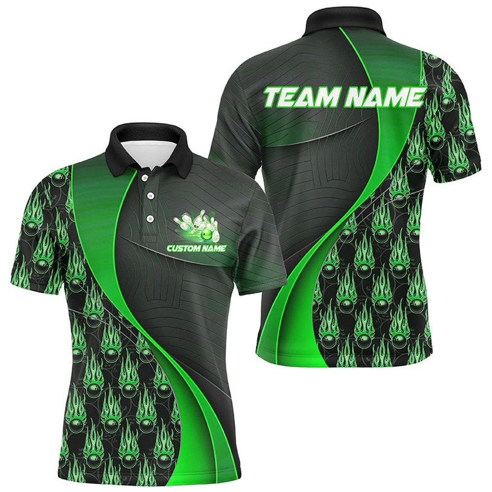 Custom Bowling Polo Shirts, Flame Bowling Ball Pattern Custom Bowling Shirts For Men And Women, Bowling Team Jerseys Green