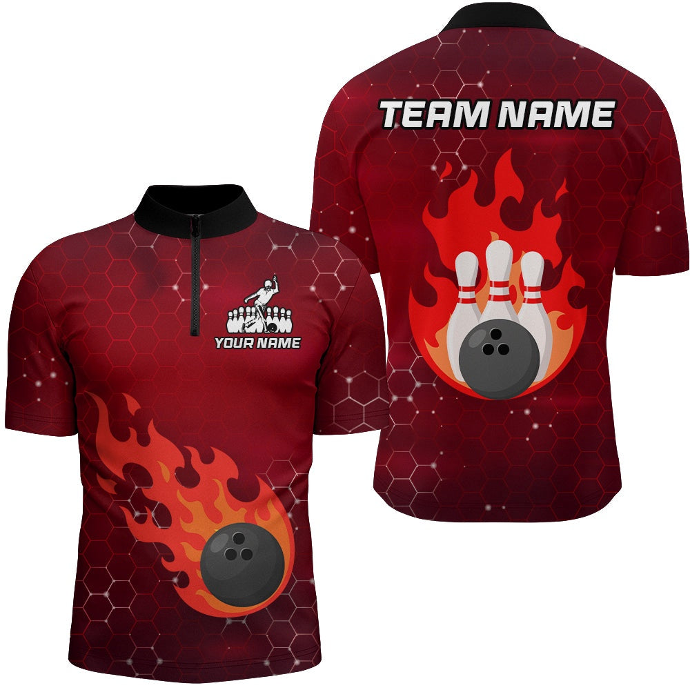 Custom Bowling Polo Shirts, Flame Bowling Shirt For Men Custom Bowling Zip Jersey Bowling Team Shirt Bowlers Jersey