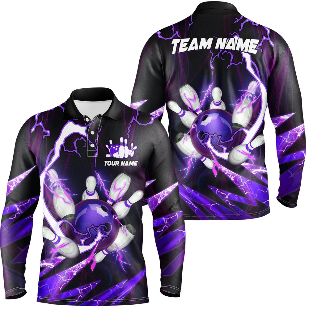 Custom Bowling Polo Shirts, Flame Lightning Thunder Bowling Ball And Pins Jerseys Custom Team Bowling Polo Shirts For Men Purple