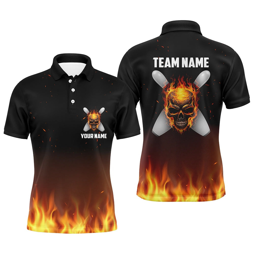 Custom Bowling Polo Shirts, Flame Men Custom Bowling Shirts, Personalized Team Bowlers Jersey Short Sleeves