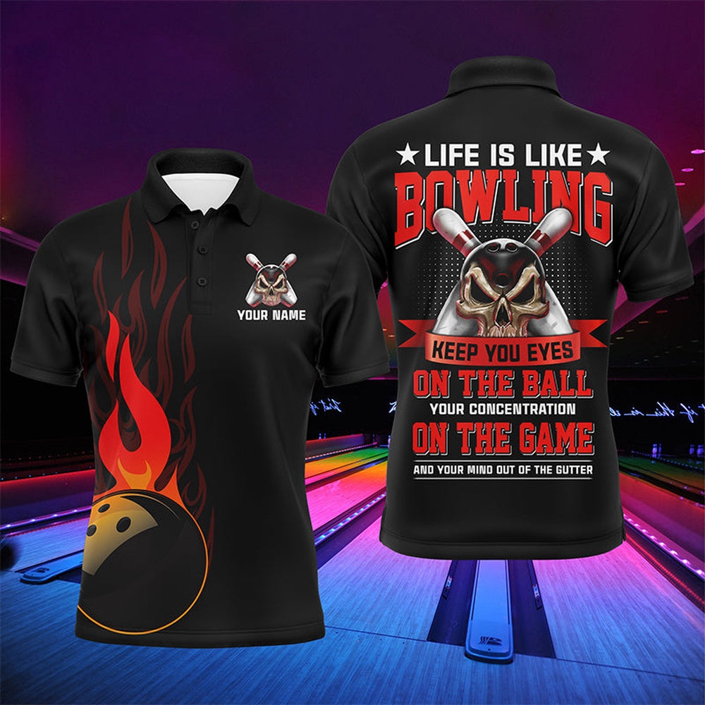 Custom Bowling Polo Shirts, Flame Men Polo Bowling Shirt, Personalized Skull Bowlers Jersey Short Sleeves