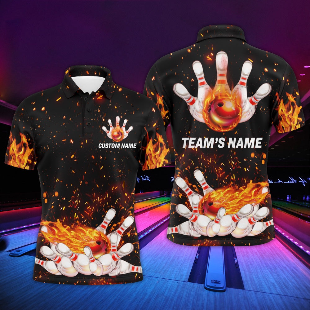 Custom Bowling Polo Shirts, Flame Men Polo Bowling Shirt, Personalized Team Bowlers Jersey Short Sleeves