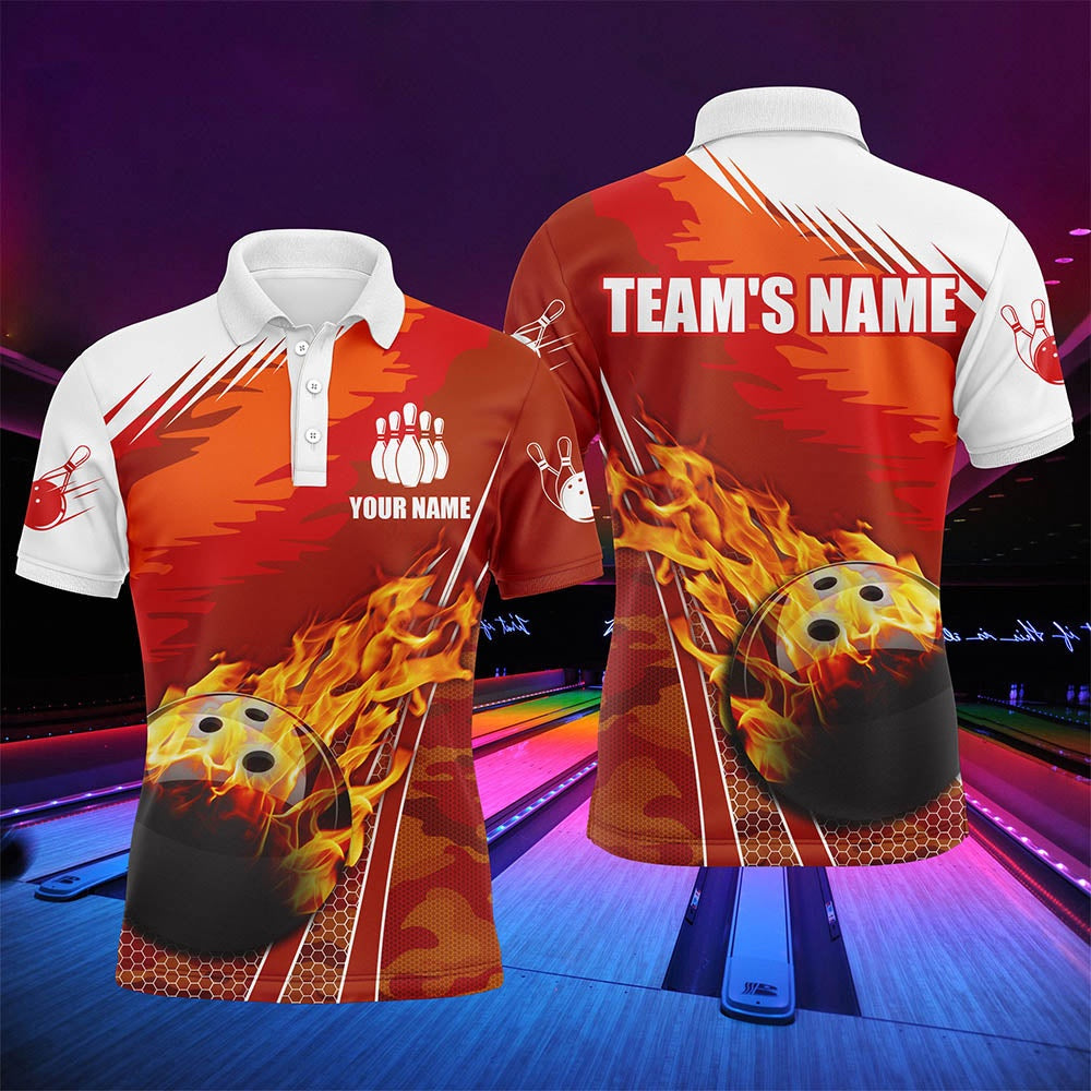 Custom Bowling Polo Shirts, Flame Polo Men'S Bowling Shirt, Custom Name Team Bowlers Jersey Short Sleeve