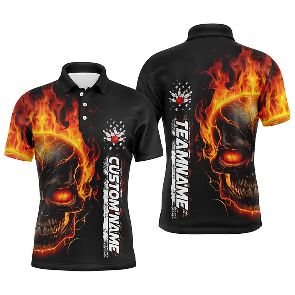 Custom Bowling Polo Shirts, Flame Skull American Flag Custom Team Bowling Shirts For Men, Patriotic Bowling Shirt