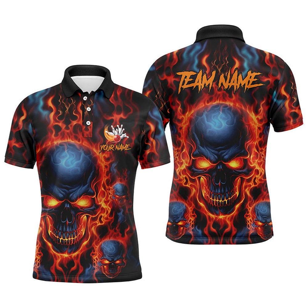 Custom Bowling Polo Shirts, Flame Skull Bowling Polo Shirts For Men With Custom Names, Team Bowling Jerseys Bowler Outfit