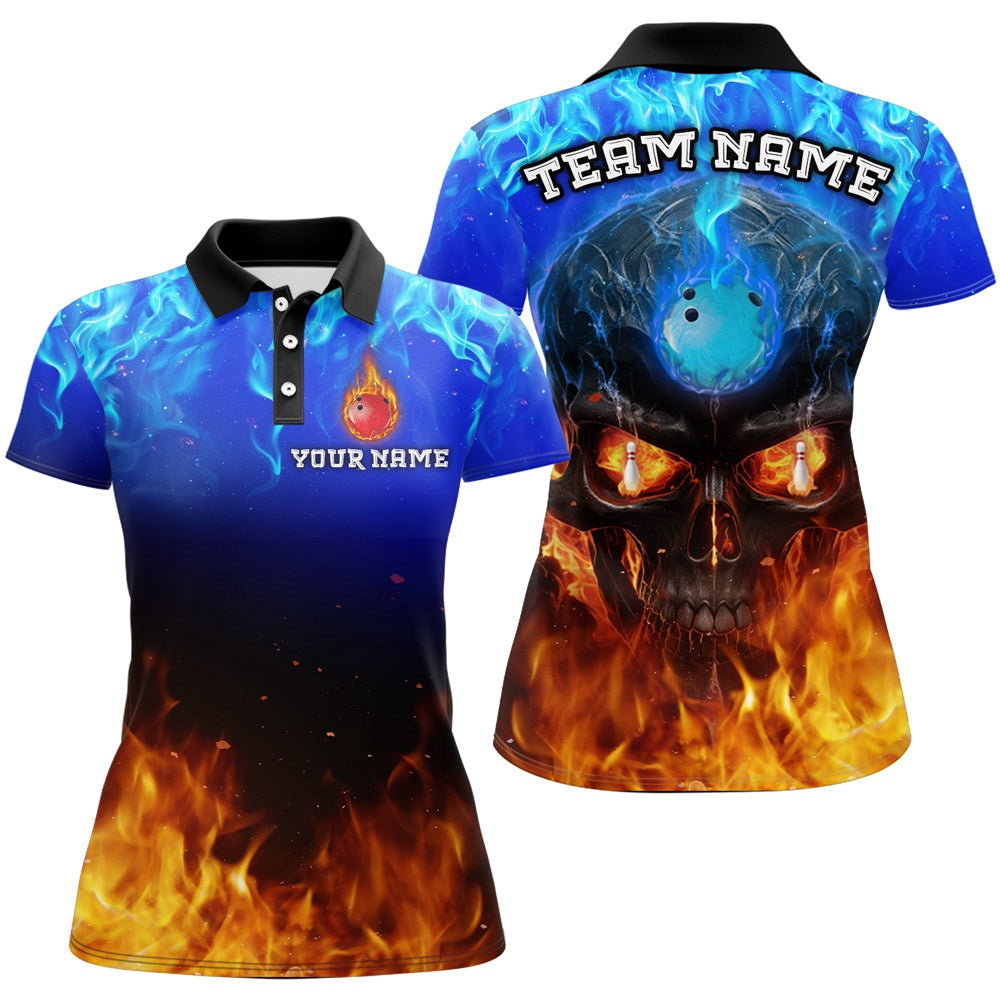 Custom Bowling Polo Shirts, Flame Skull Bowling Polo Shirts Unisex Custom Bowling Team Jersey For Men & Women