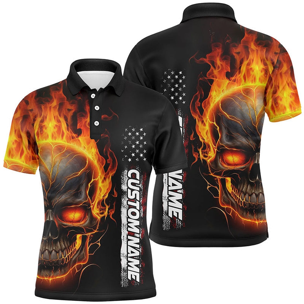 Custom Bowling Polo Shirts, Flame Skull Custom Bowling Polo Shirts For Men And Women, American Bowling Team Jerseys