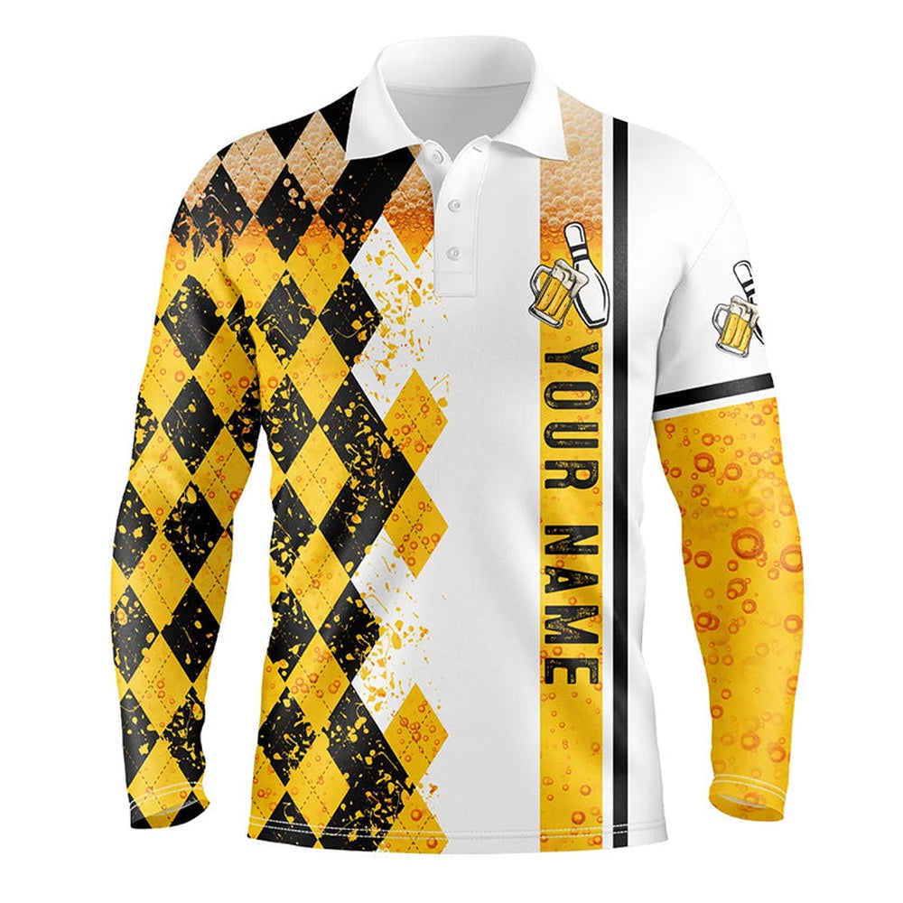 Custom Bowling Polo Shirts, Funny Black And Yellow Argyle Bowling Beer Polo Shirts For Men Custom Team Bowling Jerseys For Mens