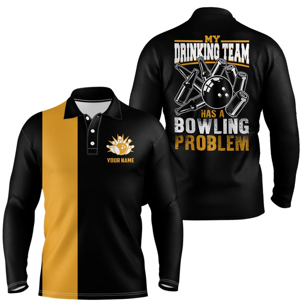 Custom Bowling Polo Shirts, Funny Black Yellow Retro Bowling Polo Shirts For Men Custom My Drinking Team Has A Bowling Problem