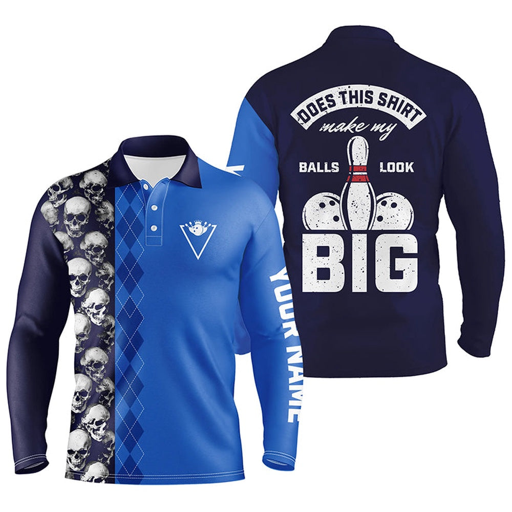 Custom Bowling Polo Shirts, Funny Blue Skull Bowling Polo Shirt For Men Custom Name Does This Shirt Make My Balls Look Big
