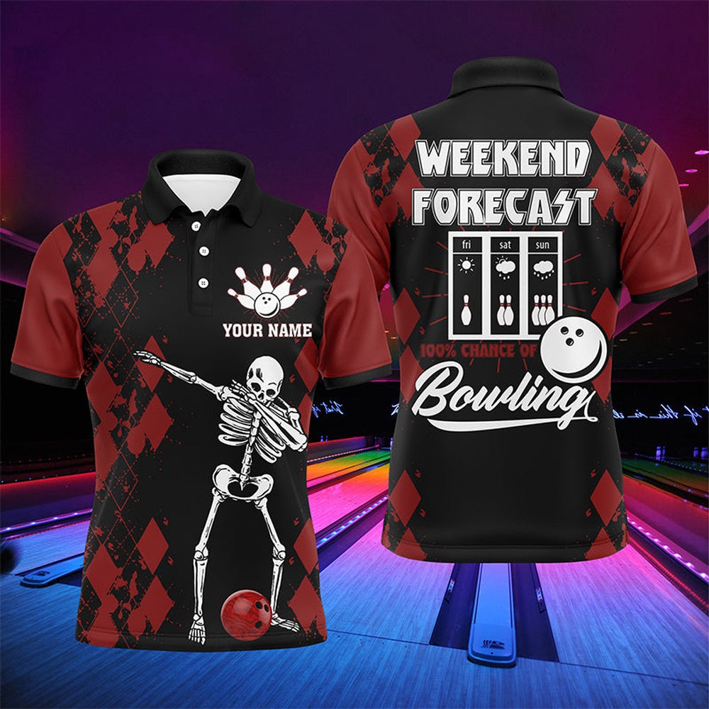 Custom Bowling Polo Shirts, Funny Men Polo Bowling Shirt, Weekend Forecast Personalized Skull Bowlers Jersey