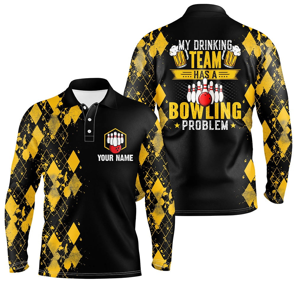 Custom Bowling Polo Shirts, Funny Yellow Argyle Bowling Beer Polo Shirts For Men Custom My Drinking Team Has A Bowling Problem