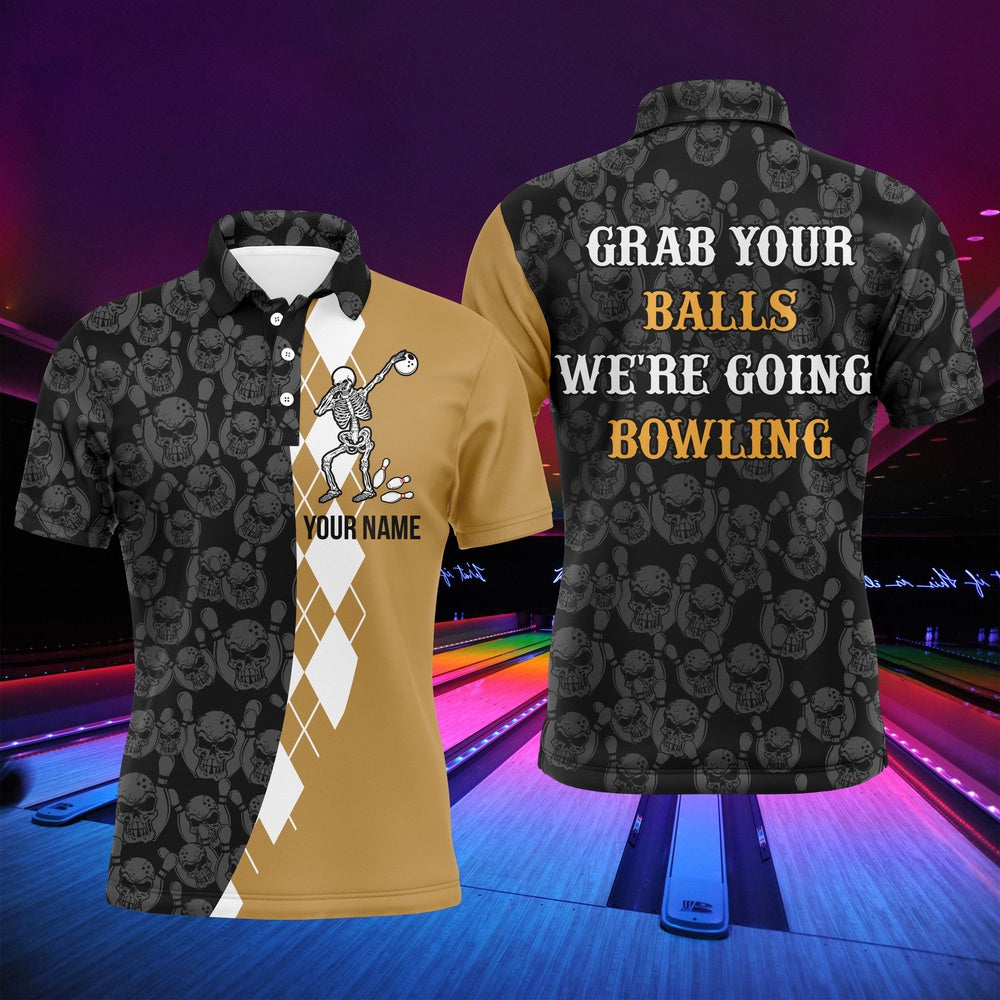 Custom Bowling Polo Shirts, Grab Your Balls Funny Men Polo Bowling Shirt Personalized Skull Bowlers Jersey Short Sleeve