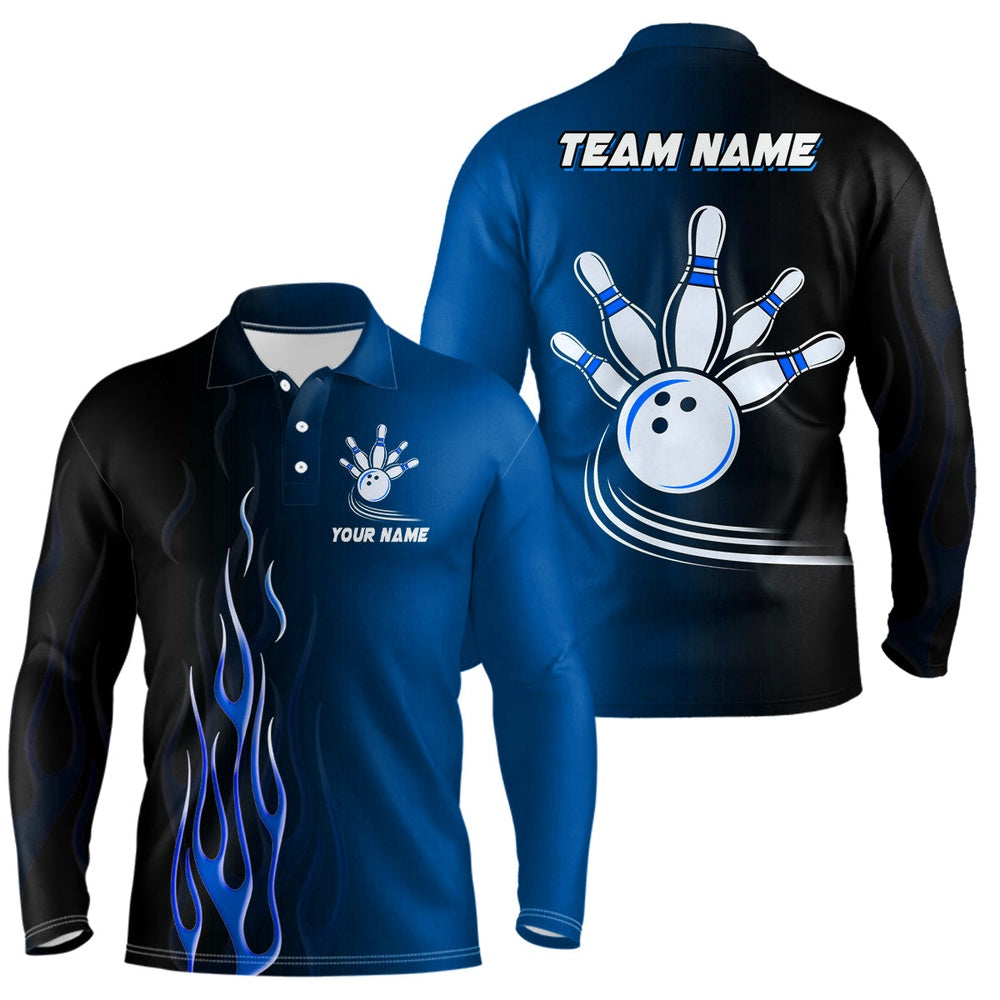Custom Bowling Polo Shirts, Gradient Black Blue Bowling League Jerseys Custom Men Bowling Polo Shirt, Gifts For Bowling Team