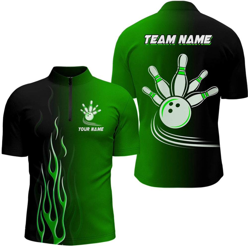 Custom Bowling Polo Shirts, Gradient Black Green Bowling League Jerseys Custom Bowling Shirt For Men, Gifts For Bowling Team
