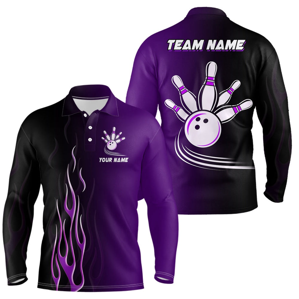 Custom Bowling Polo Shirts, Gradient Black Purple Bowling League Jerseys Custom Men Bowling Polo Shirt, Gifts For Bowling Team