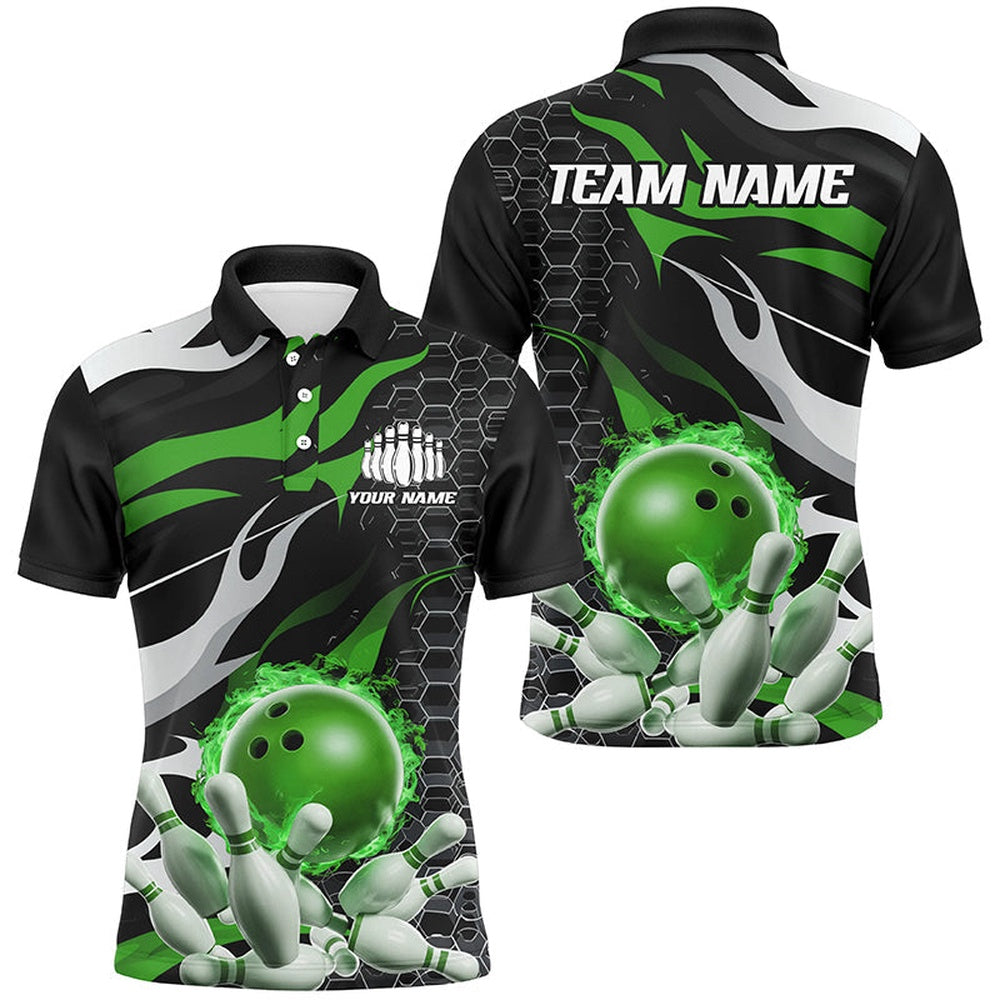 Custom Bowling Polo Shirts, Green And Black Custom Flame Bowling Shirts For Men, Bowling Team Shirts Bowling Uniform