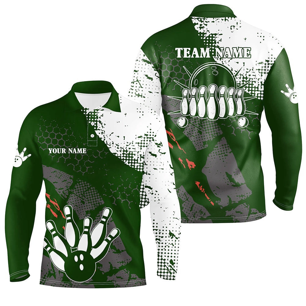Custom Bowling Polo Shirts, Green And White Mens Polo Bowling Shirts Custom Retro Bowling Ball Pins Bowling Team League Jerseys