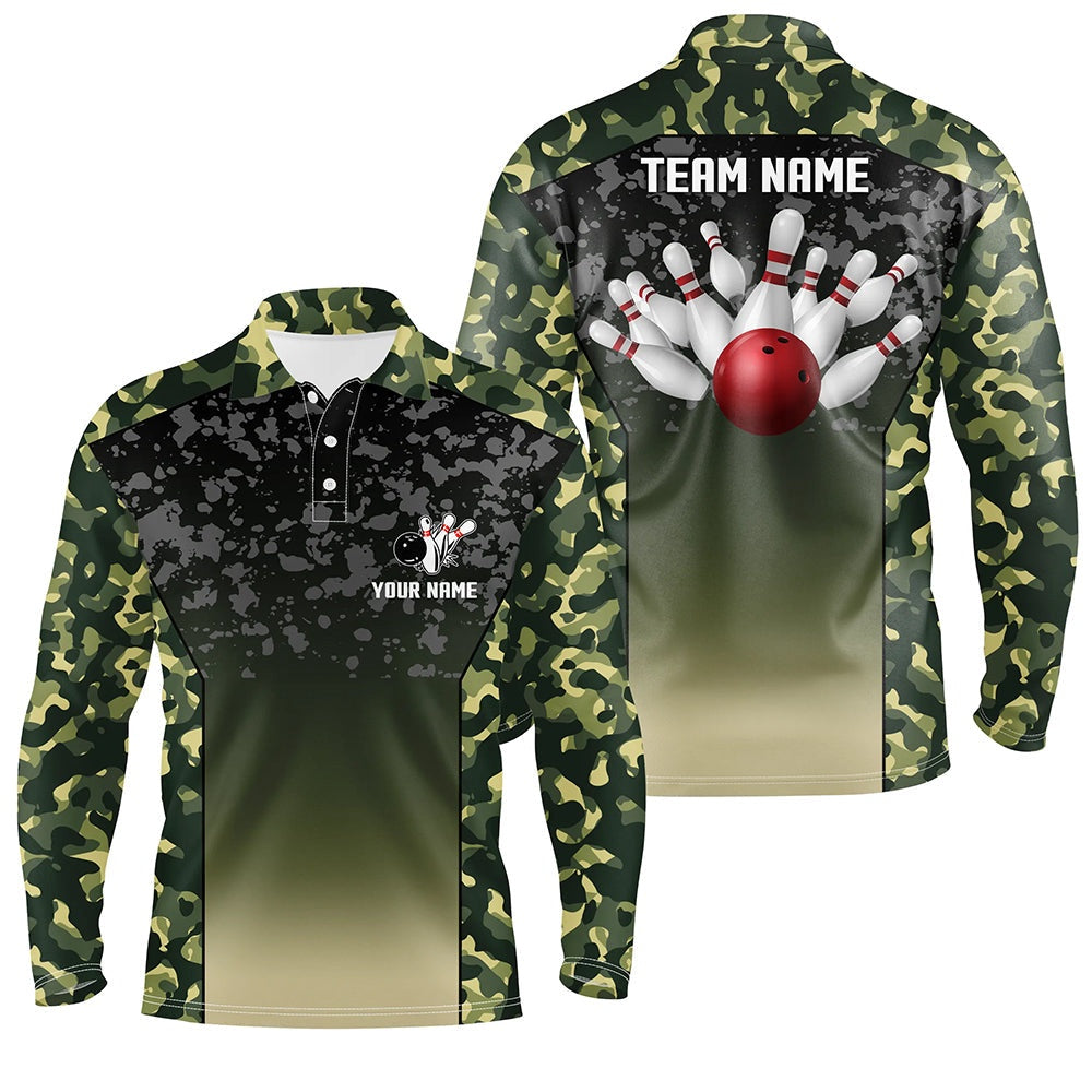 Custom Bowling Polo Shirts, Green Camo Bowling Polo Shirts For Men Custom Team Shirts Bowling Jerseys, Gifts For Bowlers