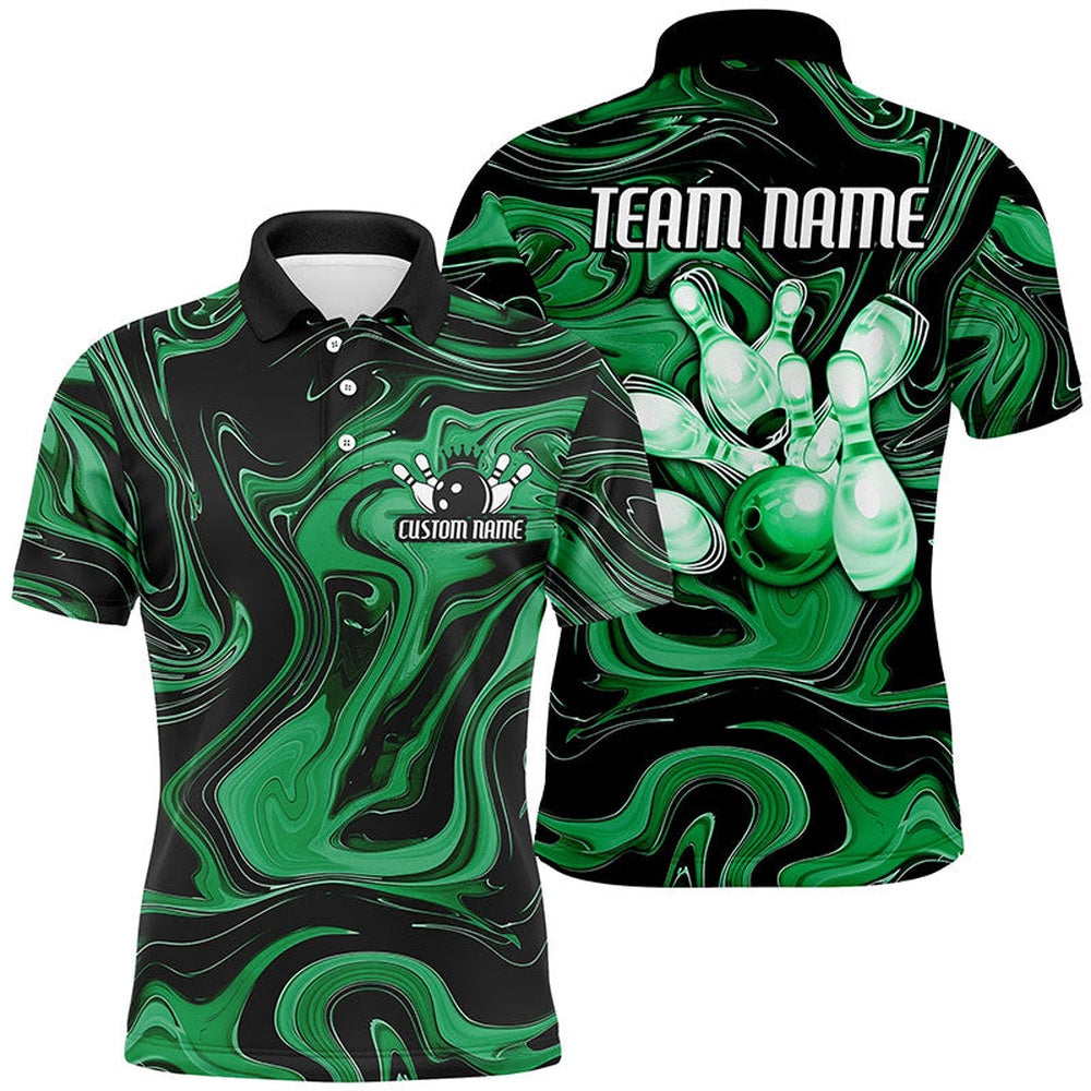 Custom Bowling Polo Shirts, Green Camo Custom Bowling Team Shirts For Men And Women, Bowling Tournament Jerseys