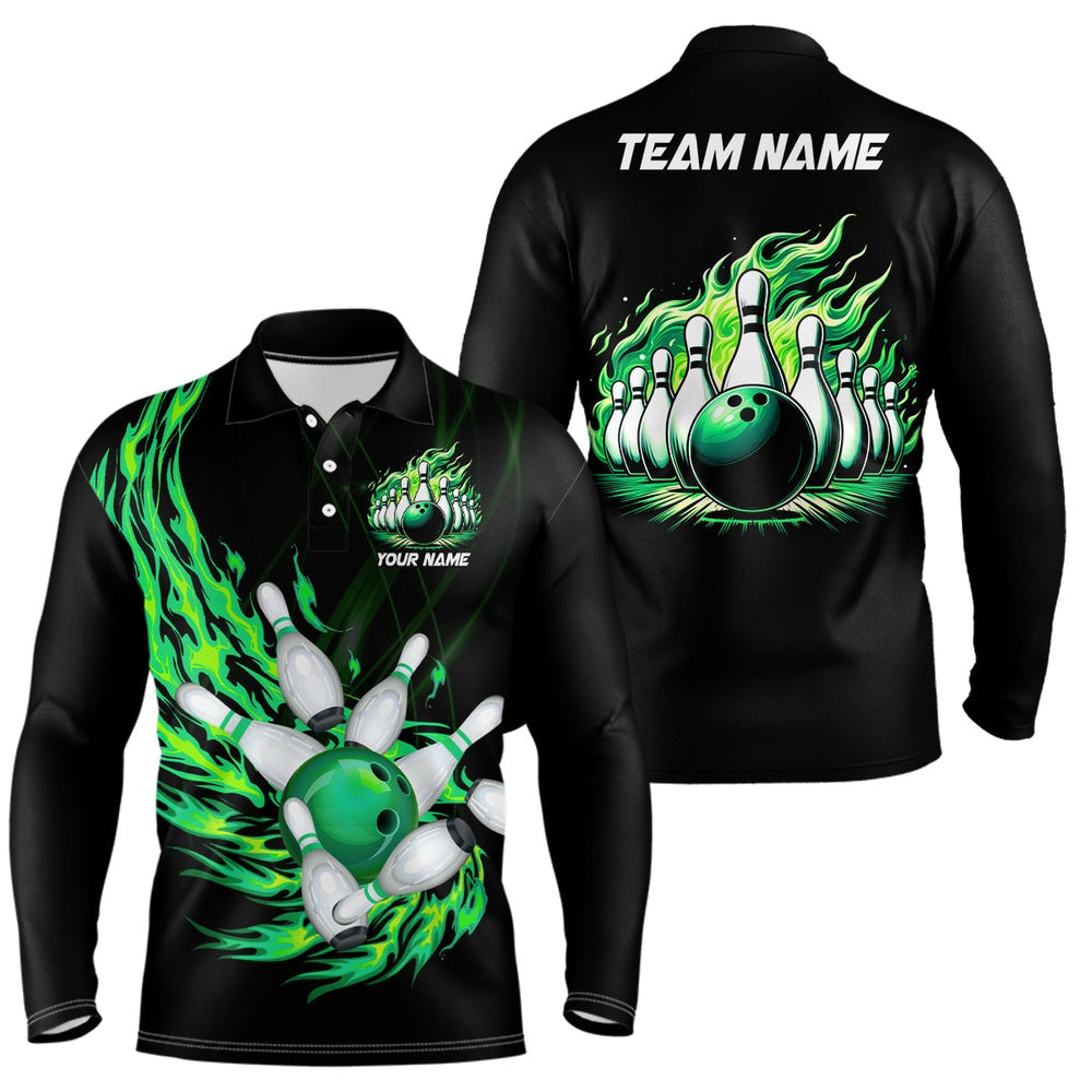 Custom Bowling Polo Shirts, Green Flame Bowling Ball And Pins Custom Men Bowling Polo Shirts, Team Mens Bowling Jerseys