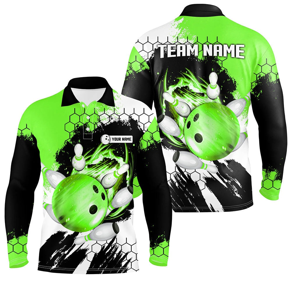 Custom Bowling Polo Shirts, Green Flame Bowling Ball And Pins Jerseys Custom Team League Bowling Polo Shirts For Men