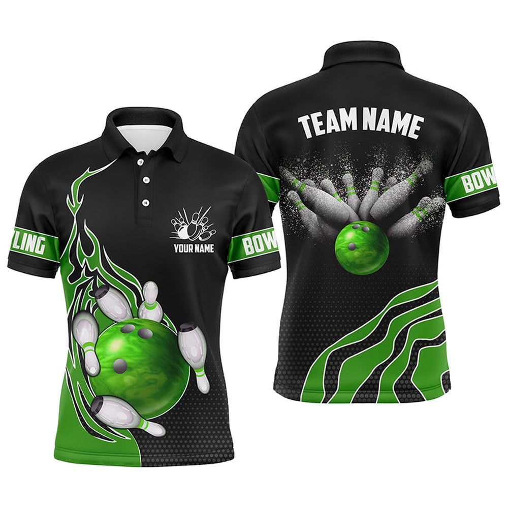 Custom Bowling Polo Shirts, Green Flame Bowling Polo Shirts For Men Bowling Ball, Custom Bowling Team Jerseys Bowler Outfits