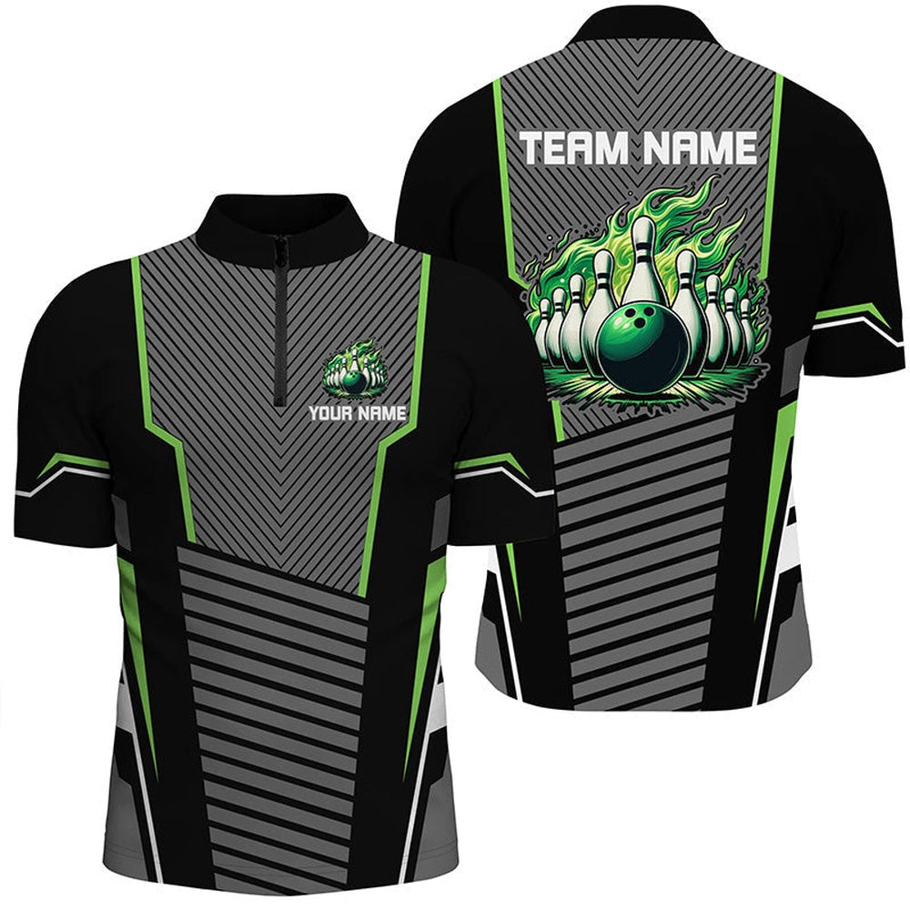 Custom Bowling Polo Shirts, Green Flame Bowling Polo, Zip Shirt For Men Custom Black Bowling Team Jerseys Gift For Bowlers