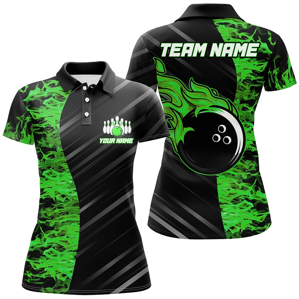 Custom Bowling Polo Shirts, Green Flames Bowling Jersey Men Women Custom Bowling Polo Shirt For Team