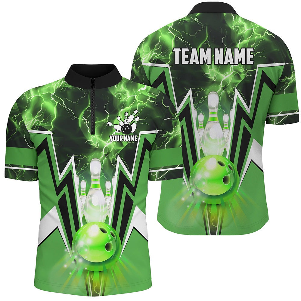 Custom Bowling Polo Shirts, Green Lightning Thunder Bowling Polo, Zip Shirt For Men Custom Bowling Team Jerseys For Bowlers
