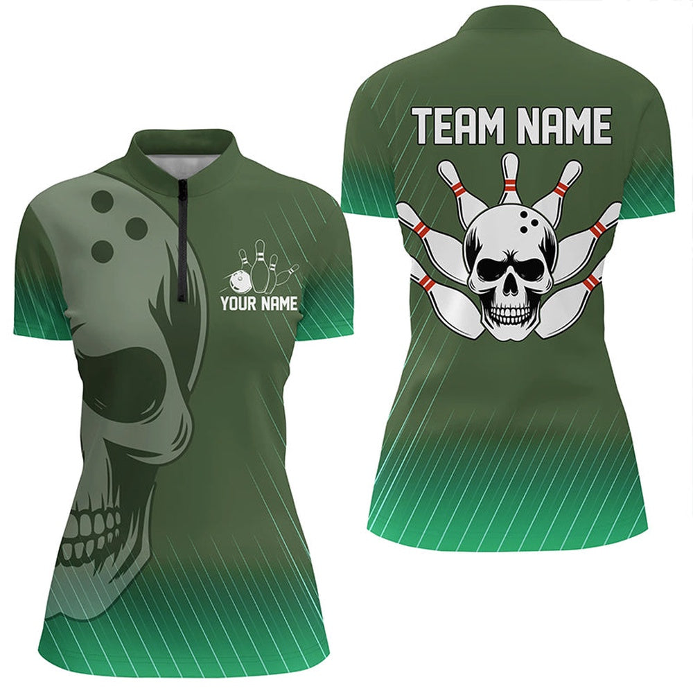 Custom Bowling Polo Shirts, Green Skull Bowling Shirts Men & Women Custom Bowling Team Jersey Unisex