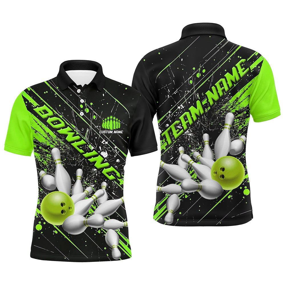 Custom Bowling Polo Shirts, Green Strike Bowling Custom Team Shirts For Men And Women, Bowling League Outfits For Bowlers