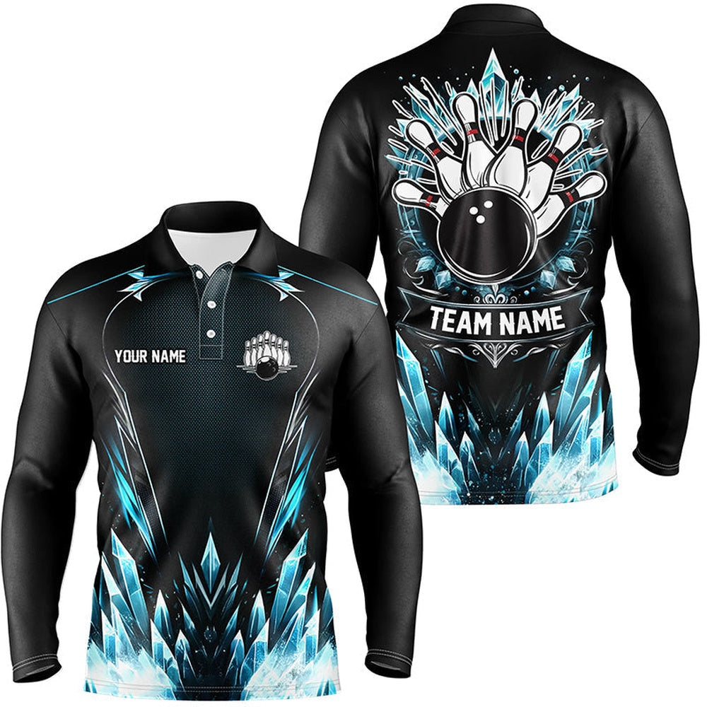 Custom Bowling Polo Shirts, Icy Blue Light Mens Polo Bowling Shirts Custom Black Team Bowling Jerseys For Men, Gifts For Bowlers