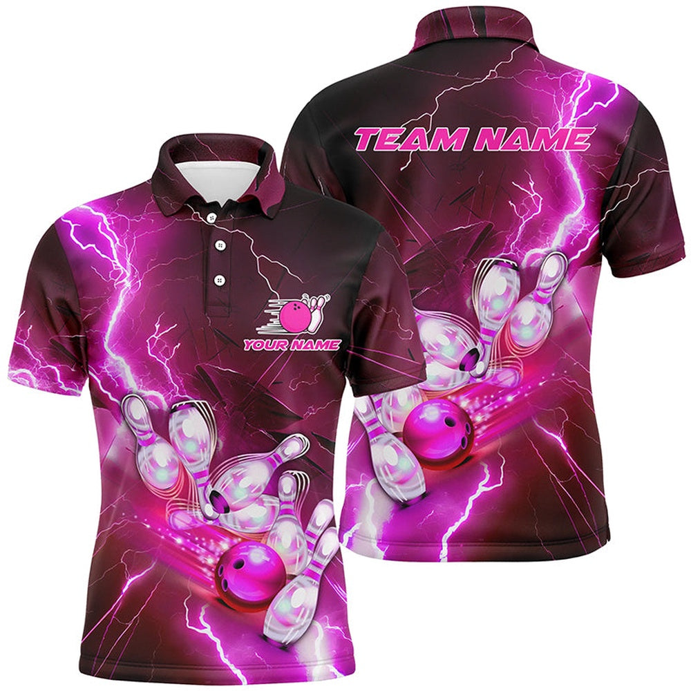 Custom Bowling Polo Shirts, Lightning Strike Custom Pink Bowling Polo Shirts, Bowling Team Jerseys For Men