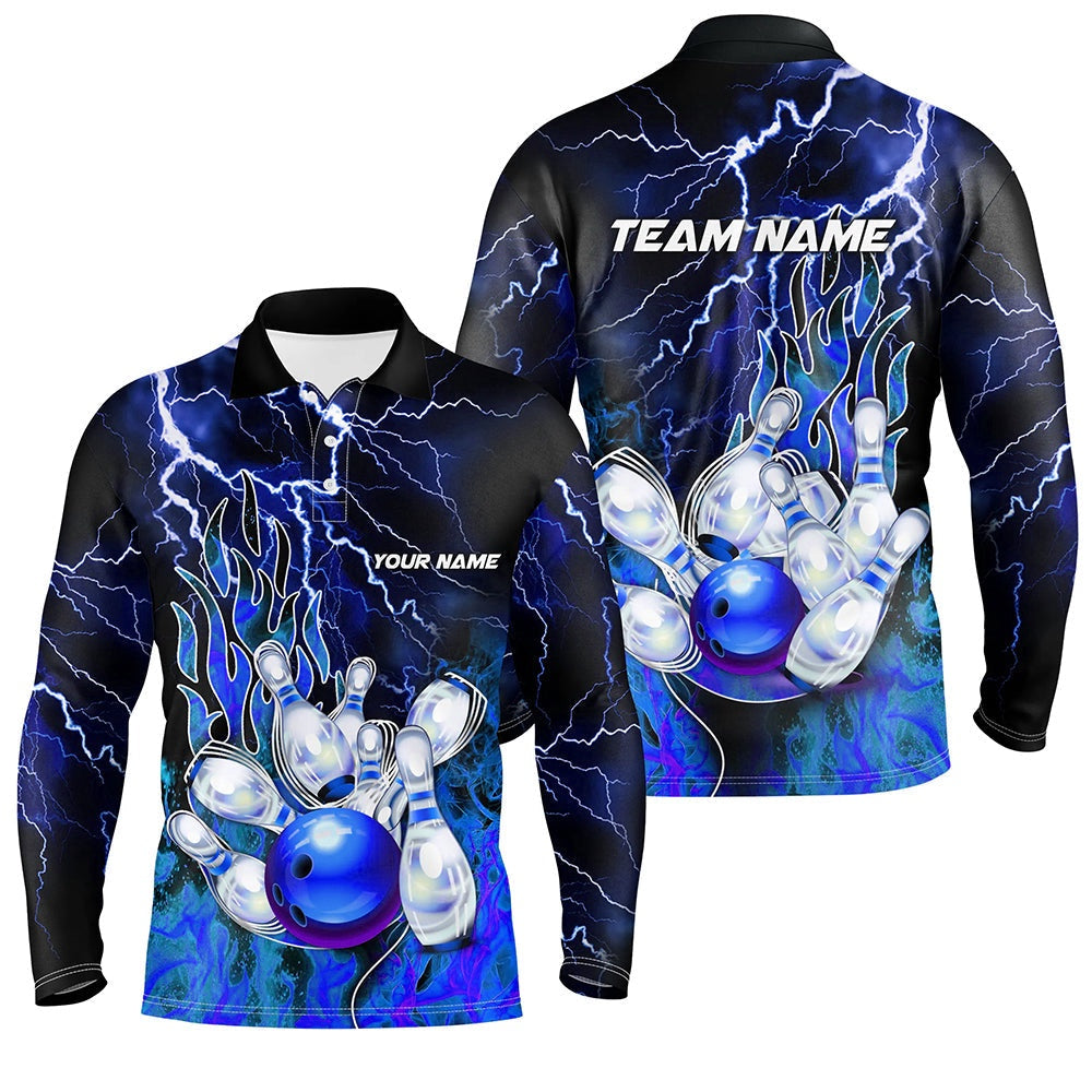 Custom Bowling Polo Shirts, Men Bowling Polo Shirt Custom Blue Lightning Thunder Bowling Team Jersey, Gift For Team Bowlers