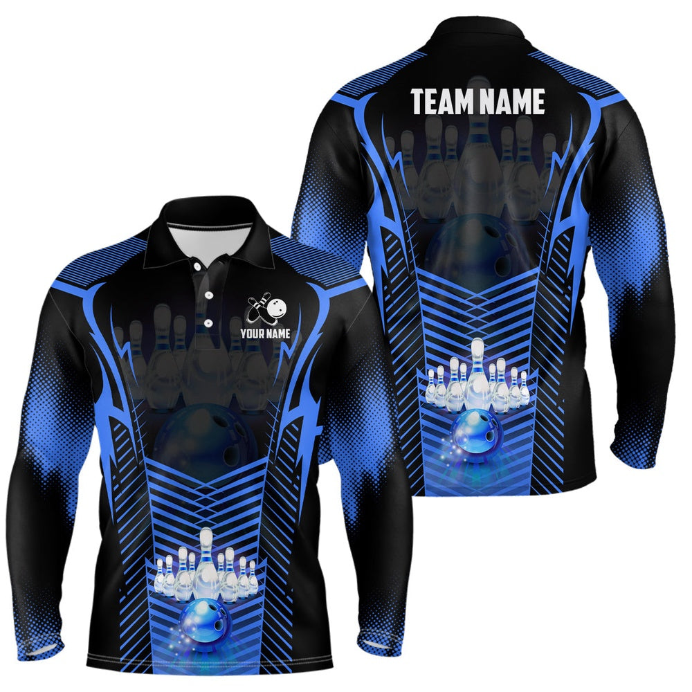 Custom Bowling Polo Shirts, Men Bowling Polo Shirt Custom Bowling Ball And Pins Team League Jerseys, Gifts For Bowlers Blue