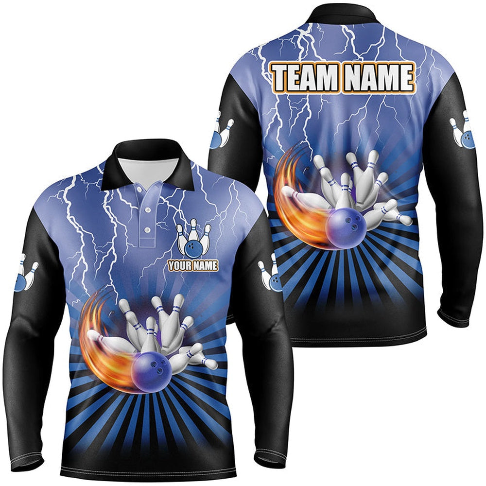 Custom Bowling Polo Shirts, Men Bowling Polo Shirt Custom Lightning Storm Vintage Bowling Team Jersey, Gift For Bowlers Blue