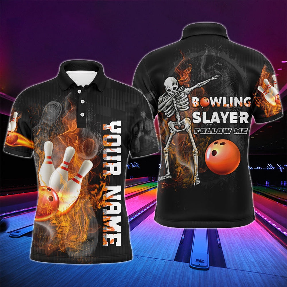 Custom Bowling Polo Shirts, Men Polo Bowling Slayer Shirt, Personalized Skull Bowlers Jersey Short Sleeves