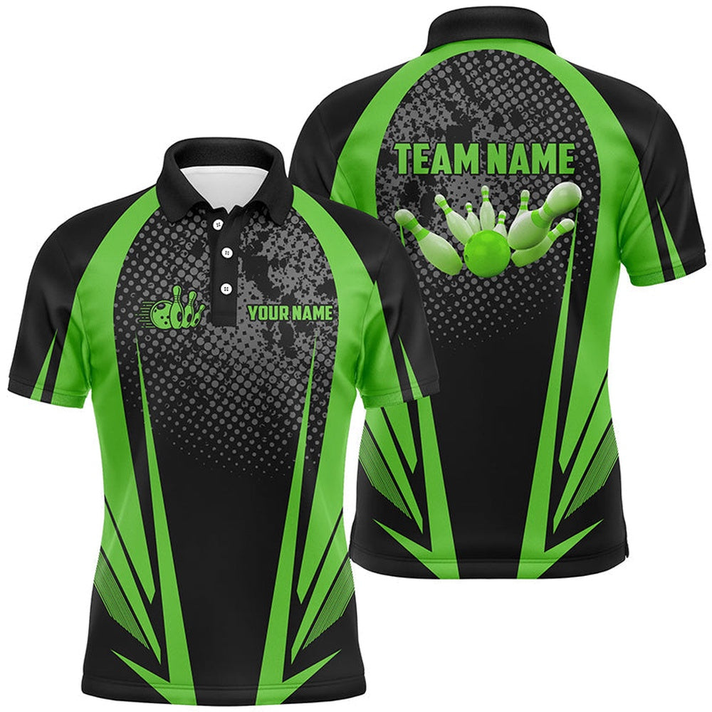 Custom Bowling Polo Shirts, Men'S Bowling Short Sleeve Polo Custom Bowling Ball And Pins Black And Green Team Men Bowlers Jerseys