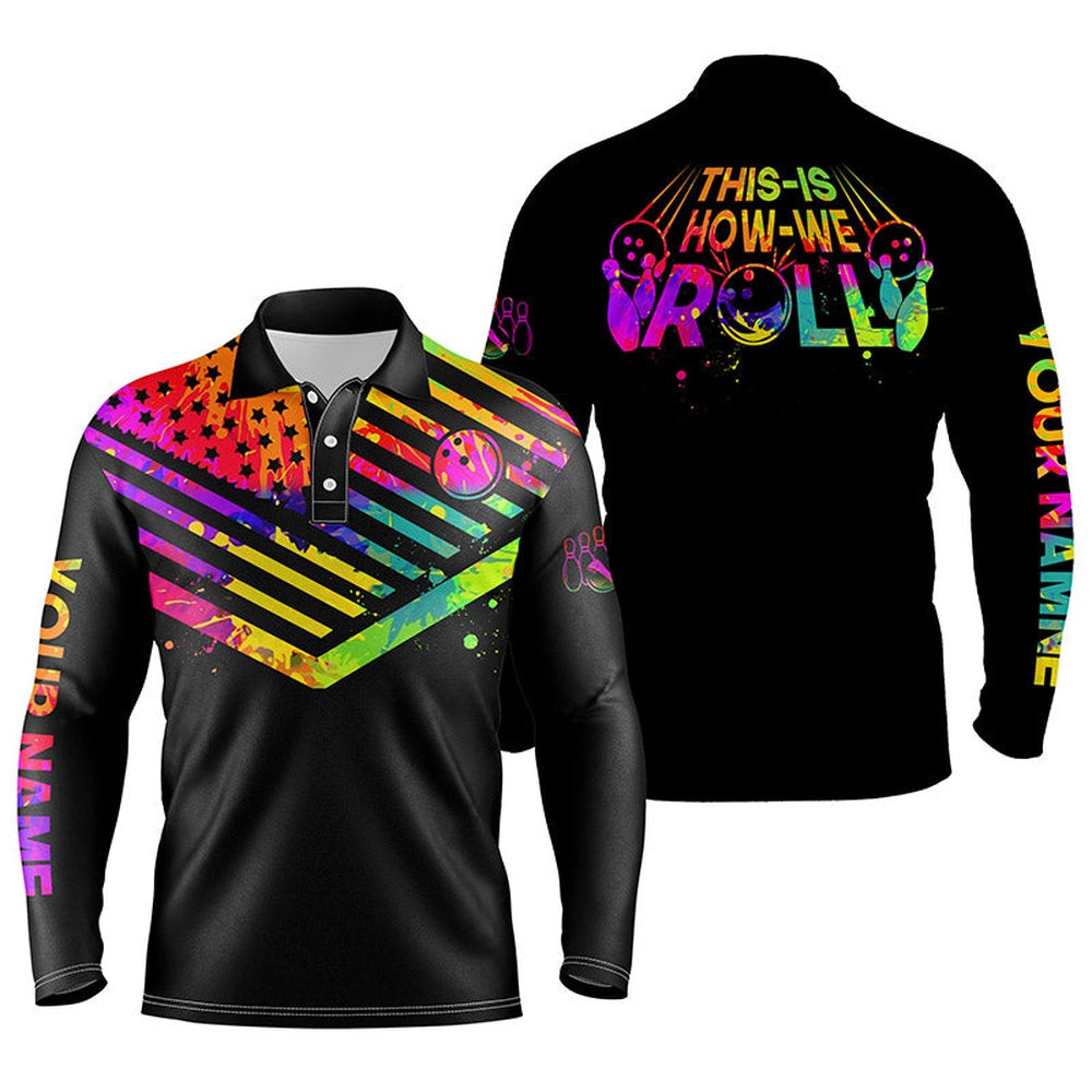 Custom Bowling Polo Shirts, Men'S Polo Bowling Shirt Watercolor American Flag Custom This Is How We Roll Bowling Jerseys Black