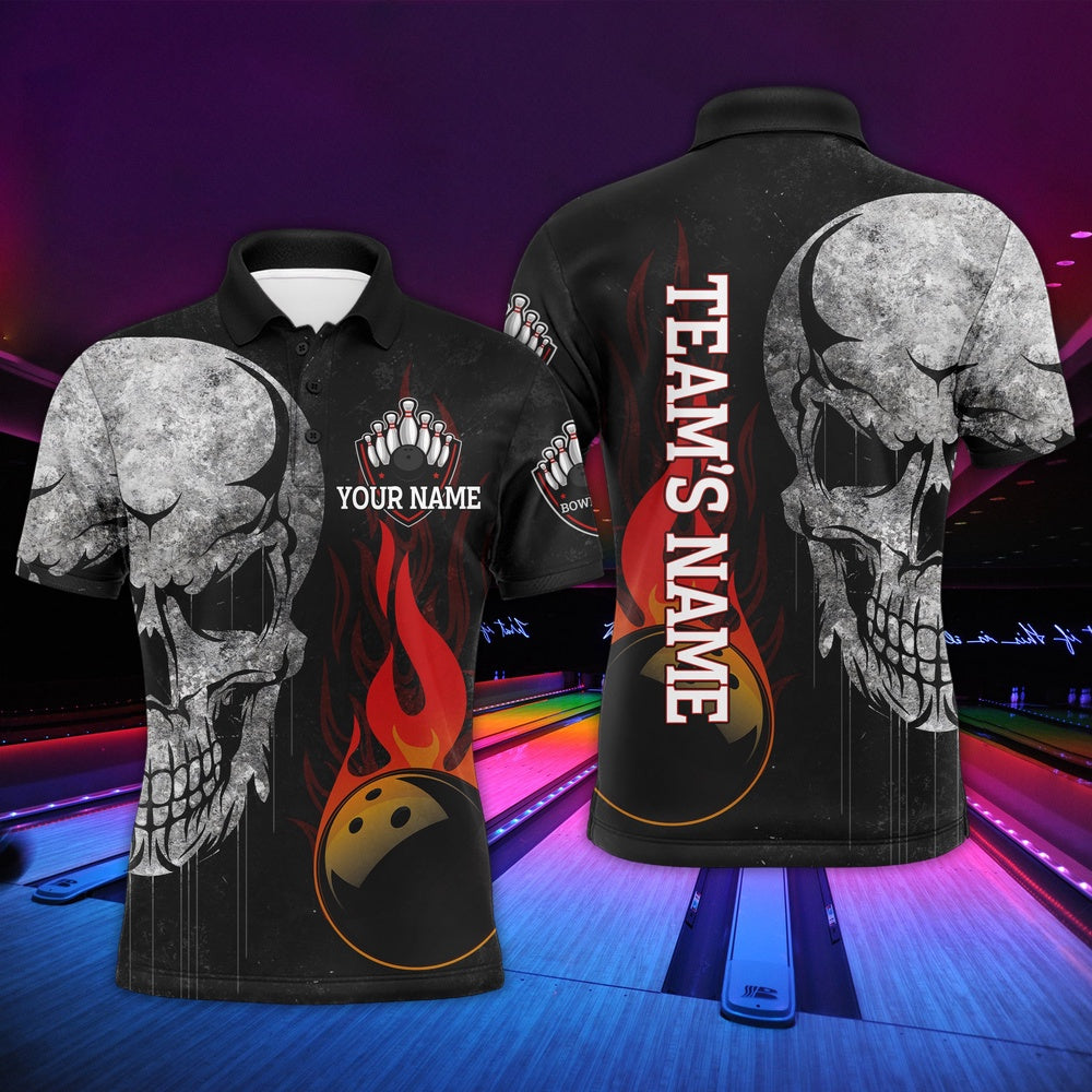 Custom Bowling Polo Shirts, Men'S Skull Flame Polo Bowling Shirt, Custom Name Team Bowlers Jersey