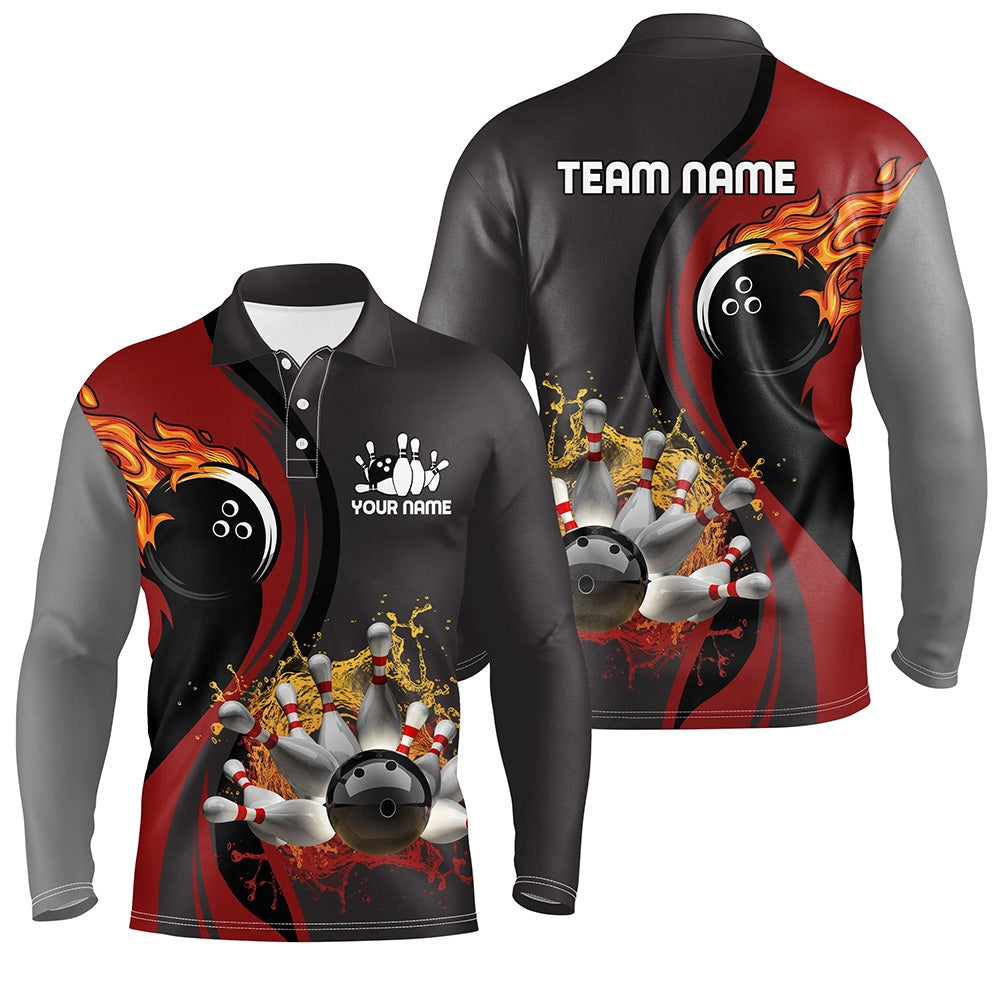 Custom Bowling Polo Shirts, Mens Bowling Polo Shirt Custom Flame Bowling Ball Pins Bowler Jerseys For Mens Red