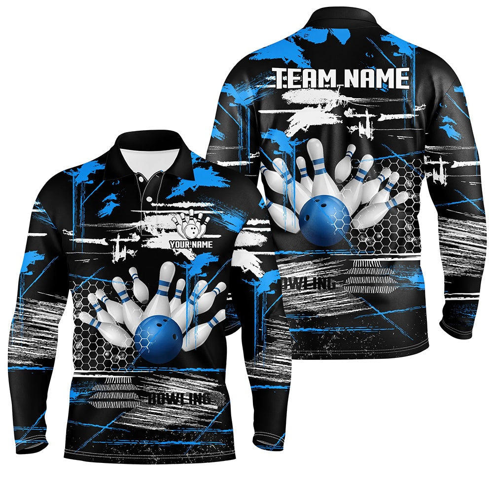 Custom Bowling Polo Shirts, Mens Bowling Polo Shirts Custom Black And Blue Retro Bowling Team League Jerseys, Gifts For Bowlers