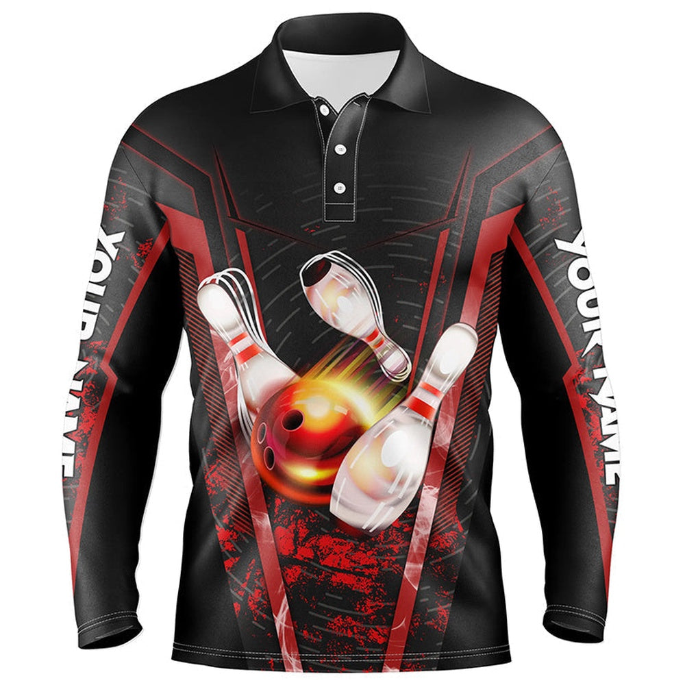 Custom Bowling Polo Shirts, Mens Bowling Polo Shirts Custom Black And Red Bowling Apparel Team Bowling Jerseys, Gift For Bowlers